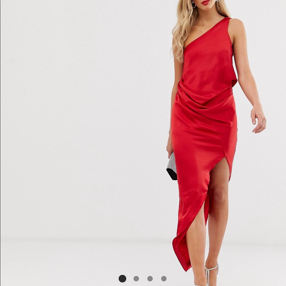 One shoulder drape red midi satin dress
